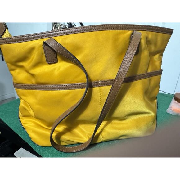 MICHAEL KORS "Kempton" Yellow Nylon Brown Leather Trims Shopper Tote Bag - Picture 3 of 7